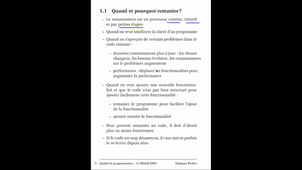 Qualité de programmation, cours 5 : remaniements 1/6 Introduction